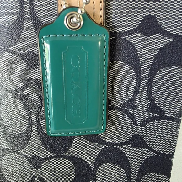 Coach Signature Stripe Large Carryall Tote-Navy Denim Look, Jade Green Stripe - Picture 2 of 16